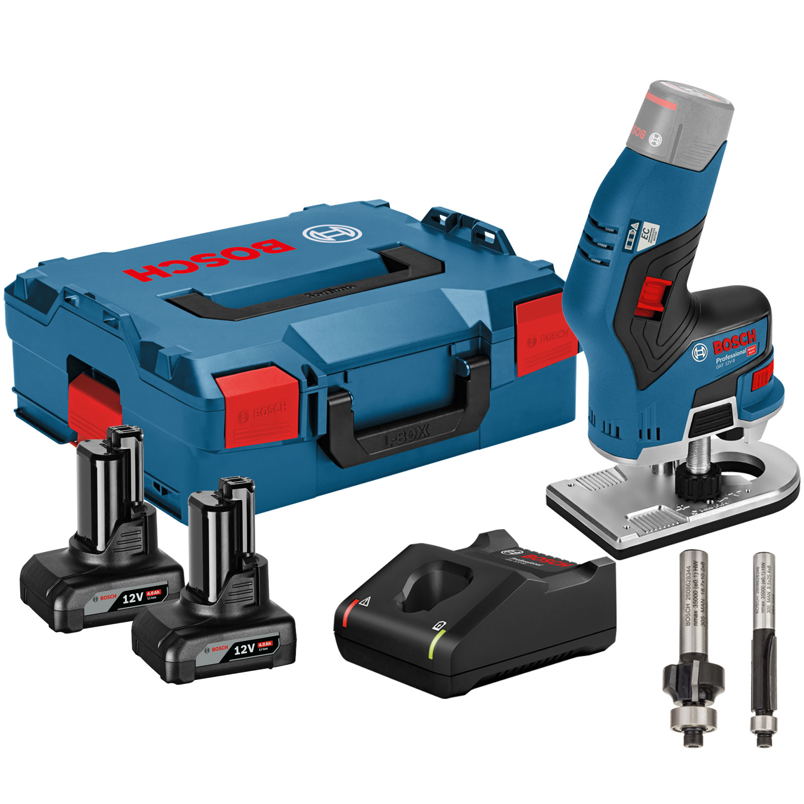 Bosch Akku-Kantenfräse GKF 12V-8 12 V / 2x 4,0 Ah Akku + Ladegerät inkl. 2x Fräser in L-Boxx