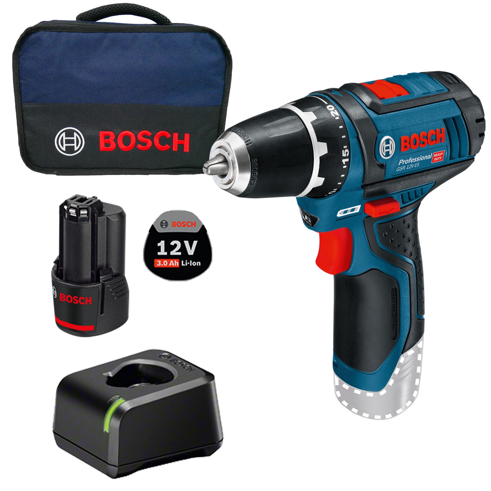 Bosch Akku-Bohrschrauber GSR 12V-15 / 1x 3,0 Ah Akku + Ladegerät im Softbag