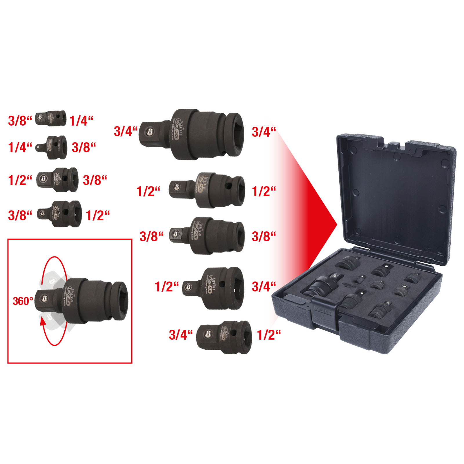 KS TOOLS Kraft-Vergrößerungs- und Reduzieradapter-Satz 9tlg. - 515.0100