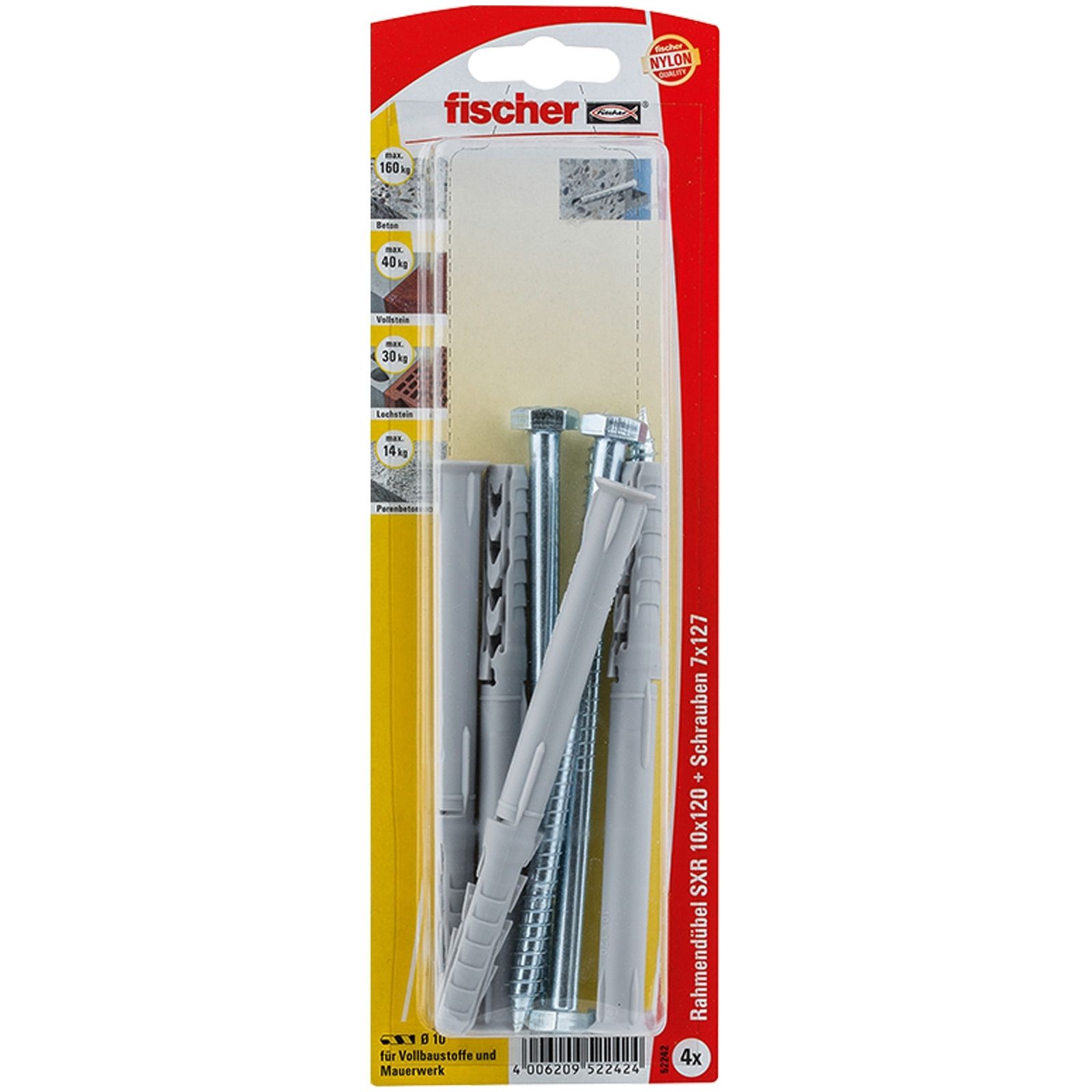 Fischer 4x Langschaftdübel SXR 10 x 120 SS Sechskantschraube - 52242