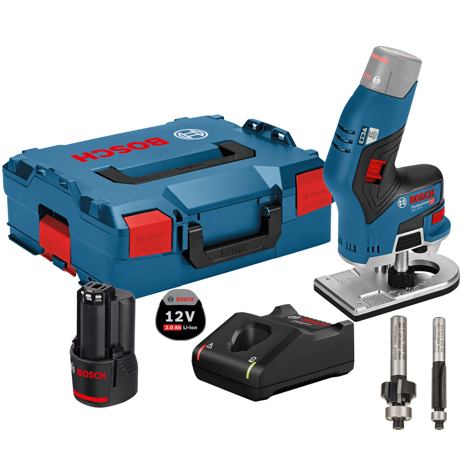 Bosch Akku-Kantenfräse GKF 12V-8 12 V / 1x 2,0 Ah Akku + Ladegerät inkl. 2x Fräser in L-Boxx