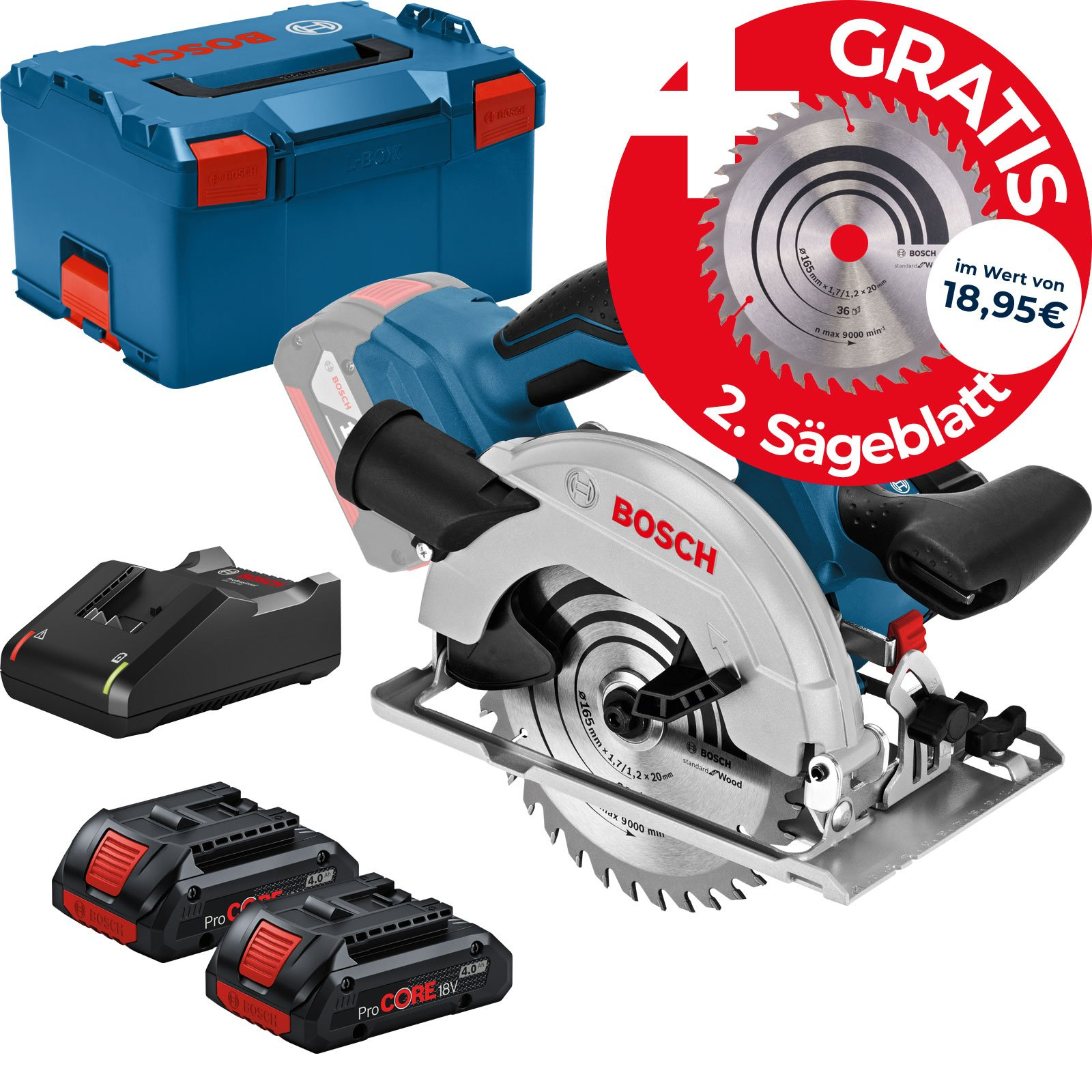 Bosch Akku-Kreissäge GKS 18V-57 G Ø 165 mm 2x 4Ah ProCORE18V Ladegerät Sägeblatt L-Boxx