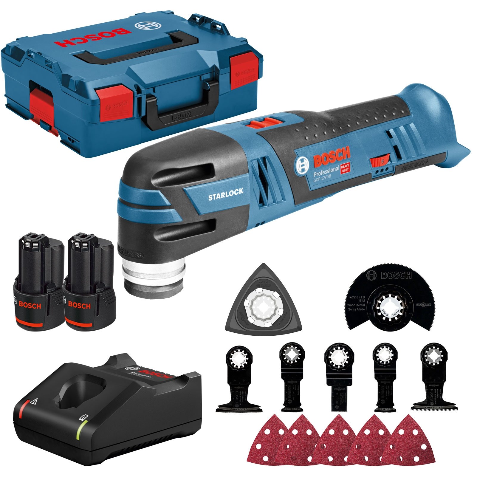 Bosch Akku-Multi-Cutter GOP 12V-28 / 2x 3,0 Ah Akku + Ladegerät + Zubehör-Set in L-Boxx - 06018B5006