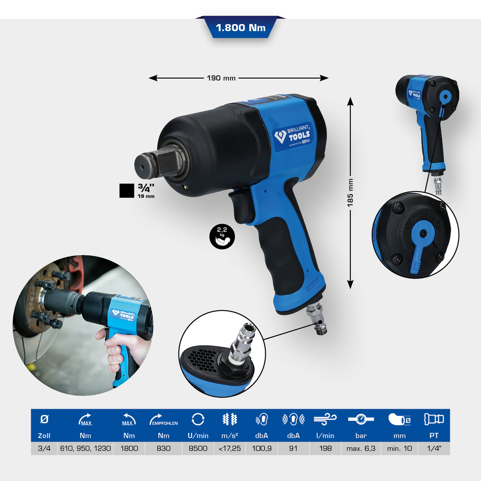 BRILLIANT TOOLS 3/4" Druckluft-Schlagschrauber 1.800 Nm - BT160200