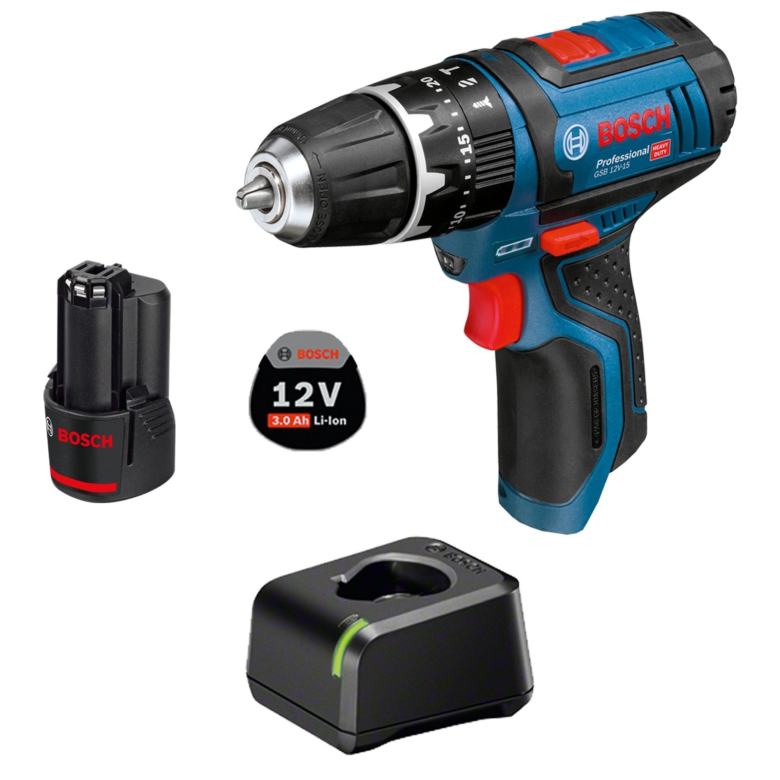 Bosch Akku-Schlagbohrschrauber GSB 12V-15 Professional 12 V / 1x 3,0 Ah Akku + Ladegerät