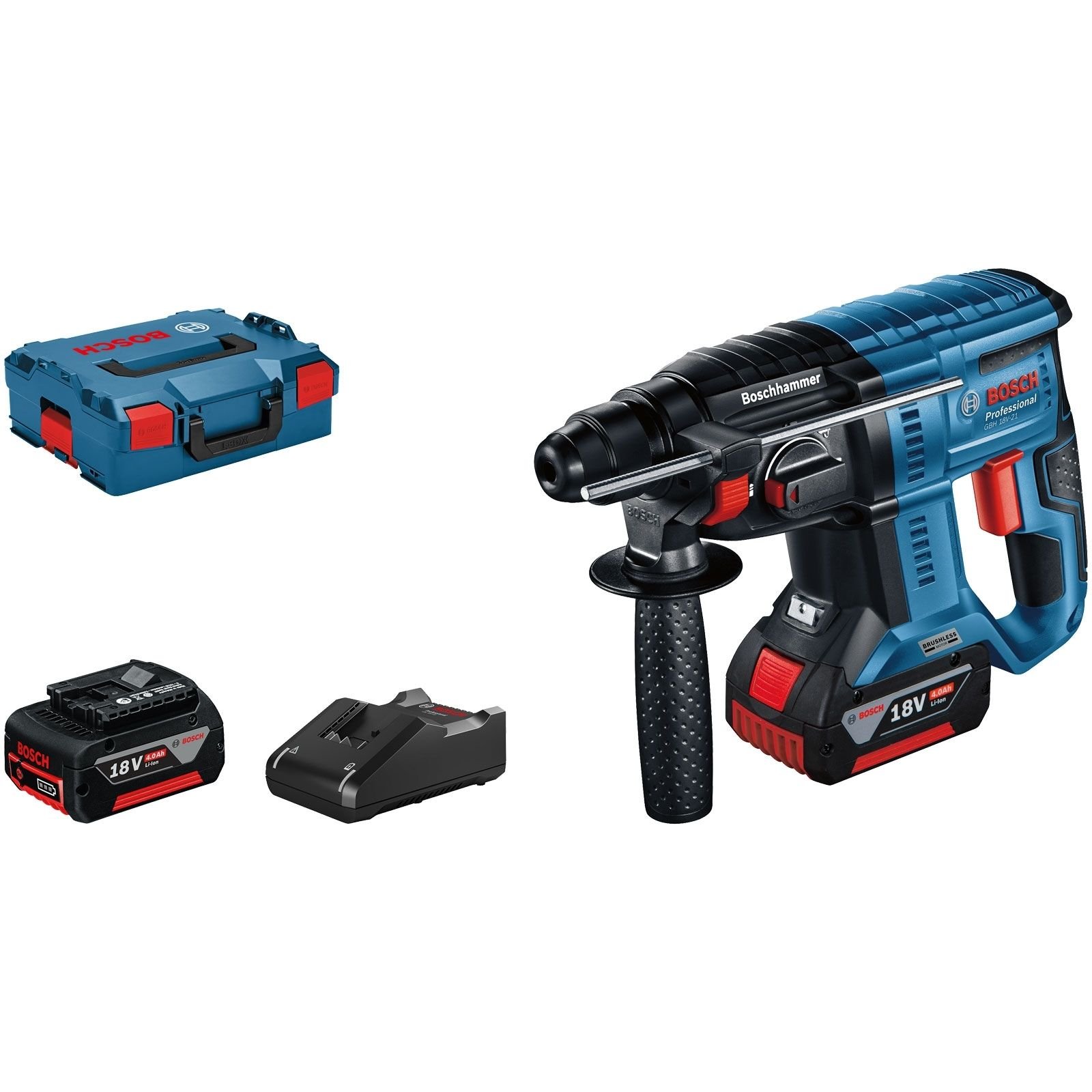 Bosch Akku-Bohrhammer GBH 18V-21 mit SDS plus / 2x 4,0 Ah Akku + Ladegerät in L-Boxx - 0611911102