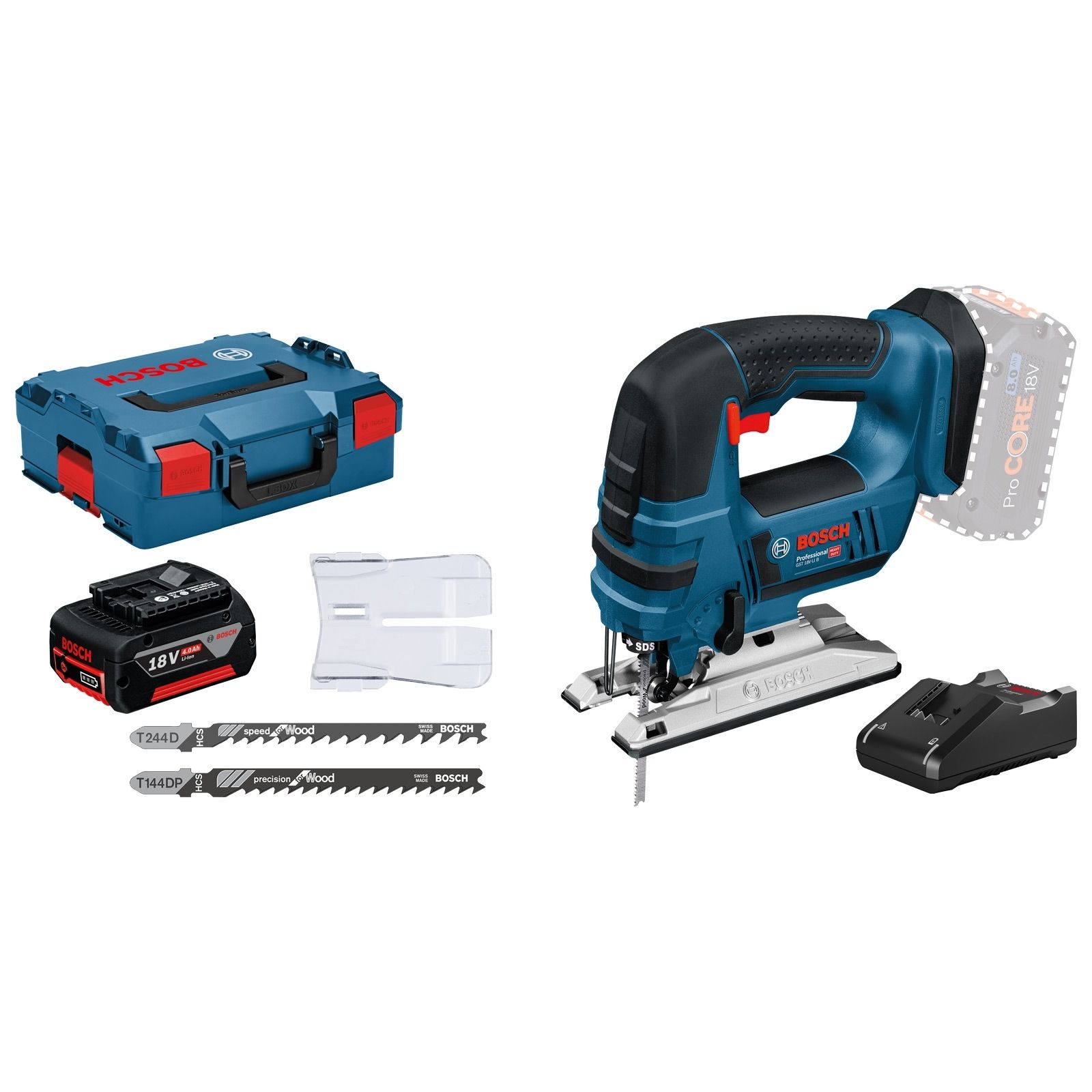 Bosch Akku-Stichsäge GST 18V-LI B / 1x 4,0 Ah Akku + Ladegerät inkl. Zubehör-Set in L-Boxx