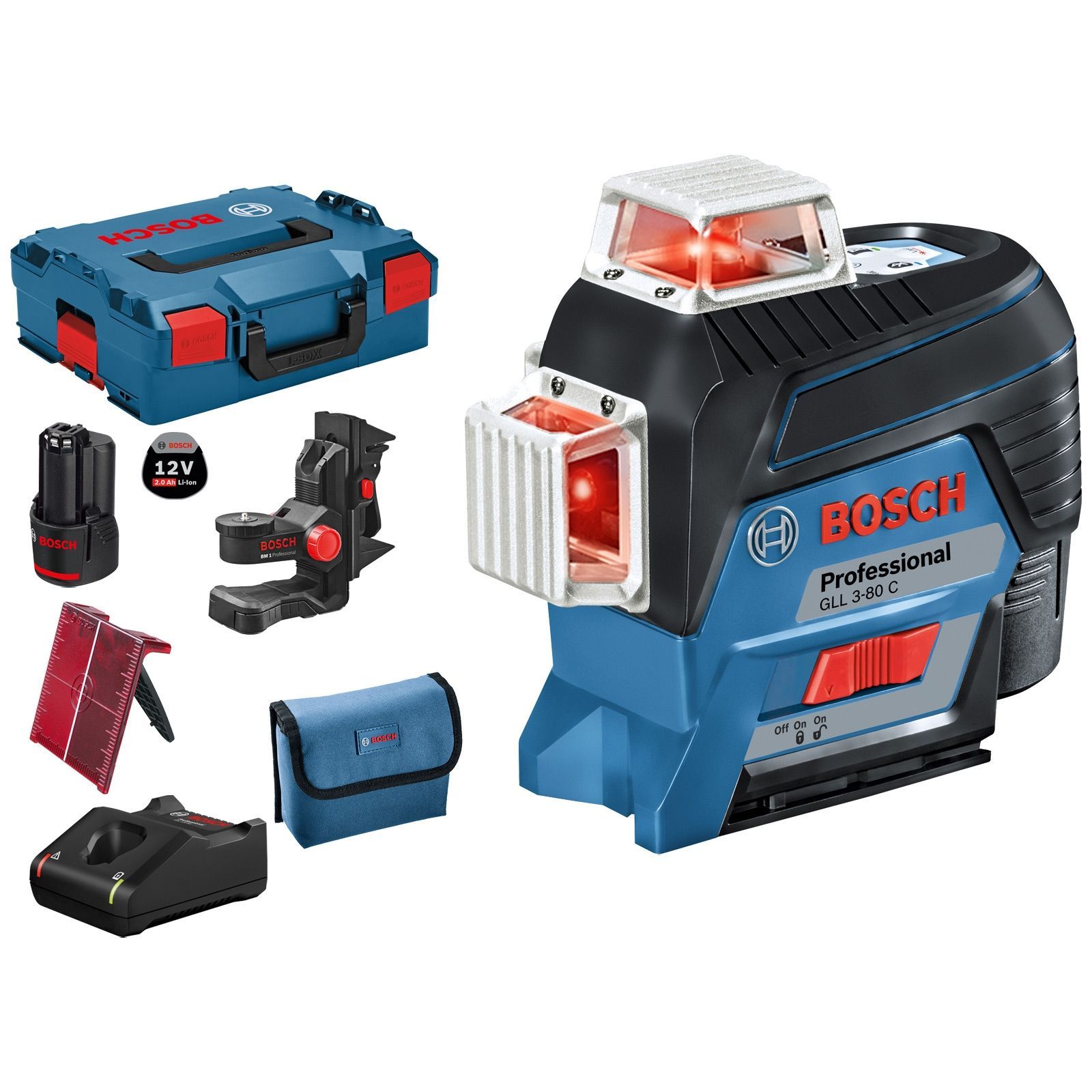 Bosch Linienlaser GLL 3-80 C 12 V / 1x 2,0 Ah Akku + Ladegerät inkl. Zubehör-Set in L-Boxx - 0601063R02